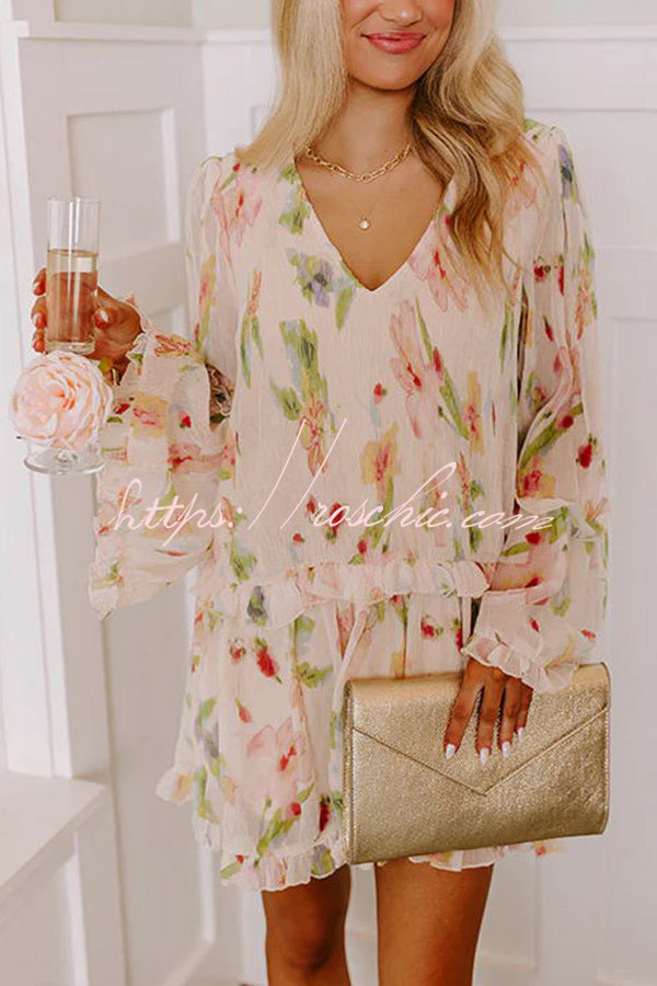Striking Pleated Print V Neck Ruffle Paneled Long Sleeve Mini Dress