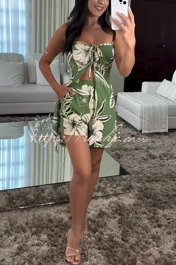 Print Bandeau Drawstring Top and Elastic Waist Pocket Shorts Set