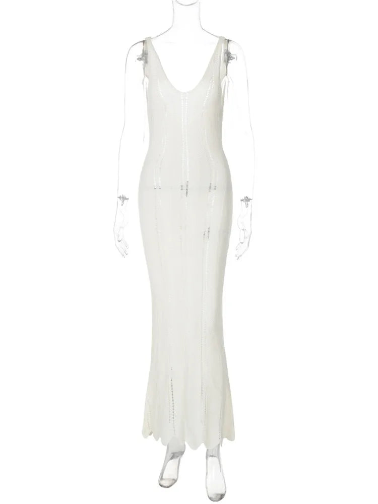 Hollow Out Knit Long Dress for Summer New Color V Neck Sleeveless Backless Bodycon Maxi Dress New
