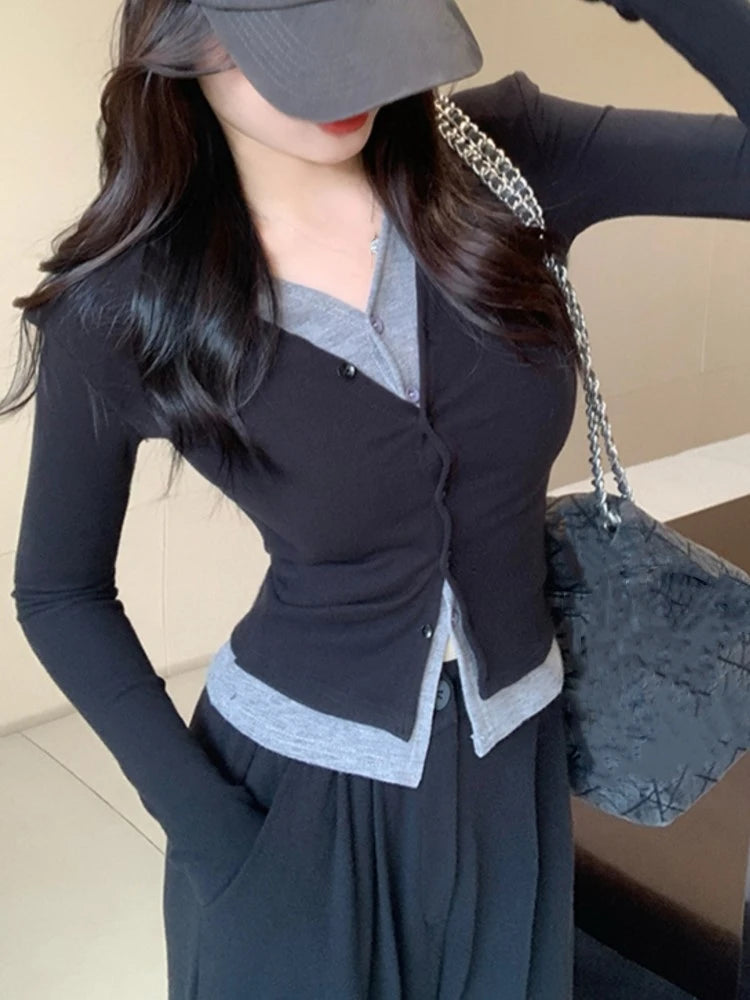 Autumn Two-piece Pants Set Long Sleeves V-neck Single Breasted Top Wide Leg Pants Korean Outfits New