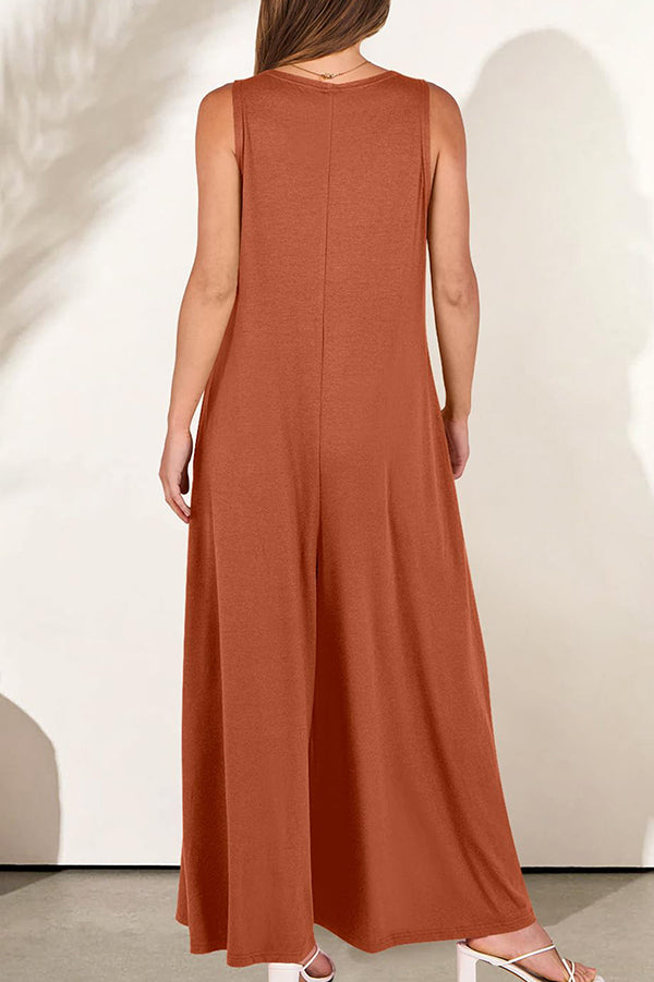 Color V-neck Sleeveless Loose Pocket Wide-leg Jumpsuit