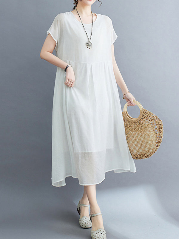 Loose Short Sleeves Color Split-joint Round-neck Midi Dresses