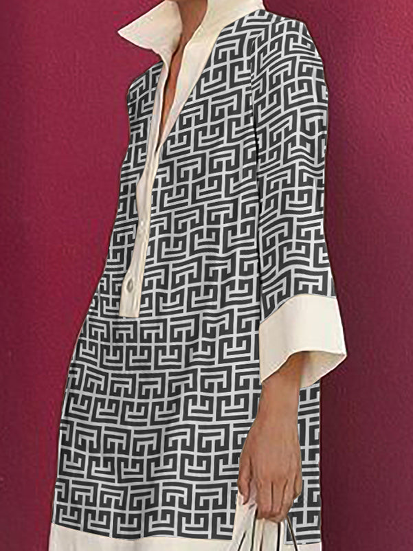 Long Sleeves Three-quarter Sleeves Buttoned Printed Lapel Mini Dresses Shirt Dress