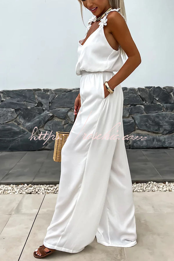 Color Embroidered Flower Suspenders Loose Jumpsuit