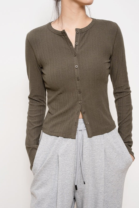 Lightweight Long-sleeve Ribbed Slim-fit Single-row Button Knit Cardigan