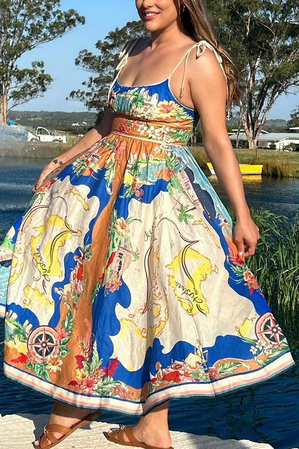 Unique Printed Lace-up Suspender Pockets Resort Style Midi Dress