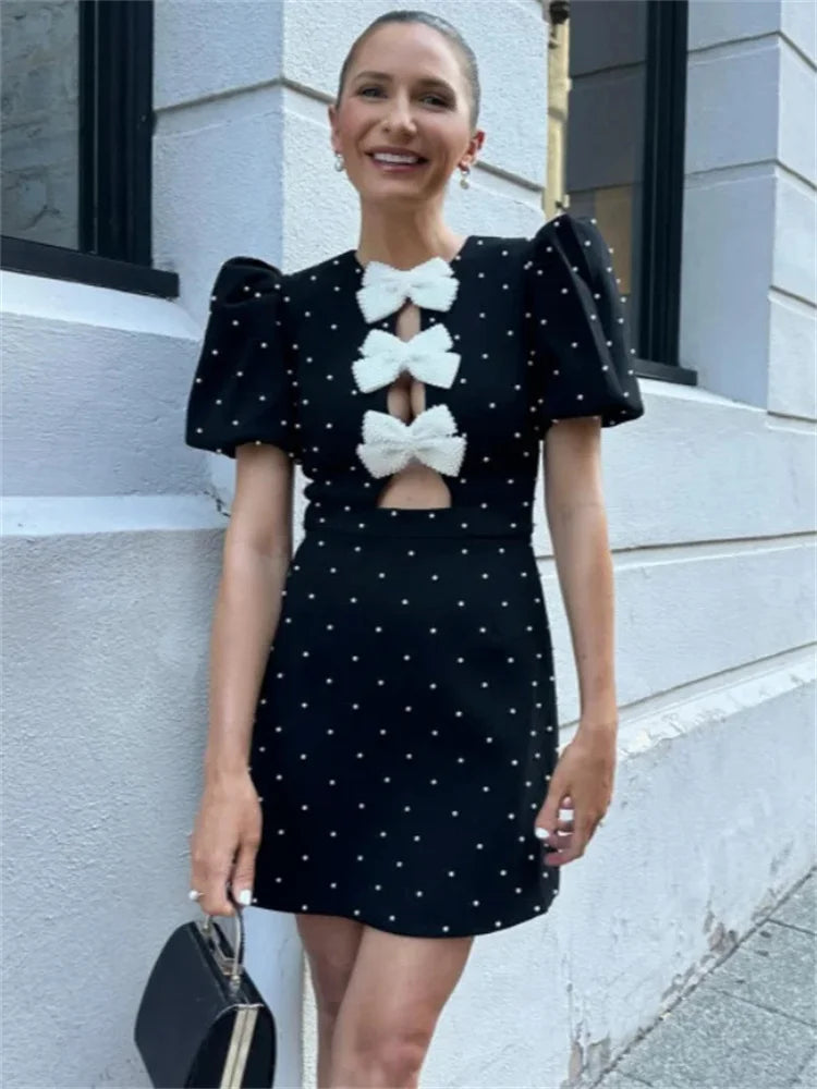 Bow Love Mini Dress Hollow Out Patchwork Short Sleeve Party Dress Female High Street Dress