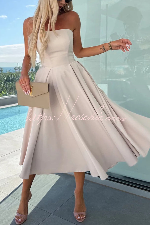 Sweet Cascade Color Off Shoulder Pocket Full Hem Midi Dress