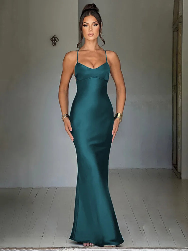 Spaghetti Strap Bodycon Satin Dress With Open Back Lace Up Female Long Dress Party Club Evening Dress