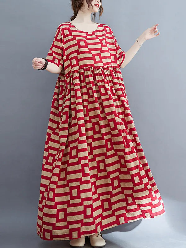 Loose Short Sleeves Plaid Round-neck Midi Dresses