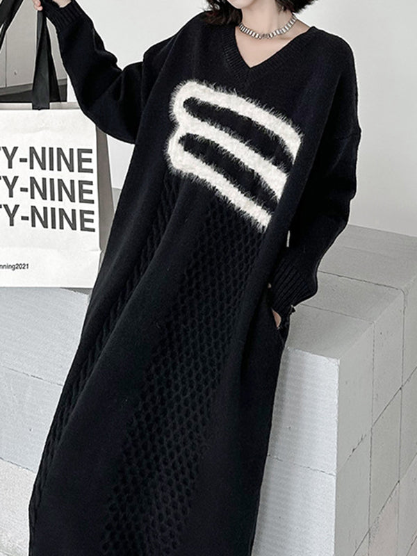 Long Sleeves Loose Split-joint Split-side V-neck Midi Dresses Sweater Dresses
