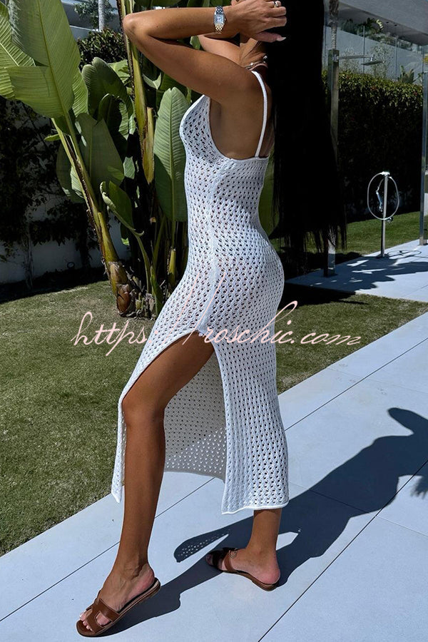 Color V-neck Hollow Beach Knitted Cover-up Midi Dress