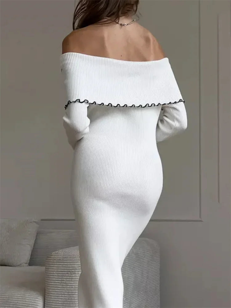 Ruffled Slim Knit Dress ’s Backless Long Sleeve Bandeau Contrast Autumn Party Dress Knitwear Maxi Dress