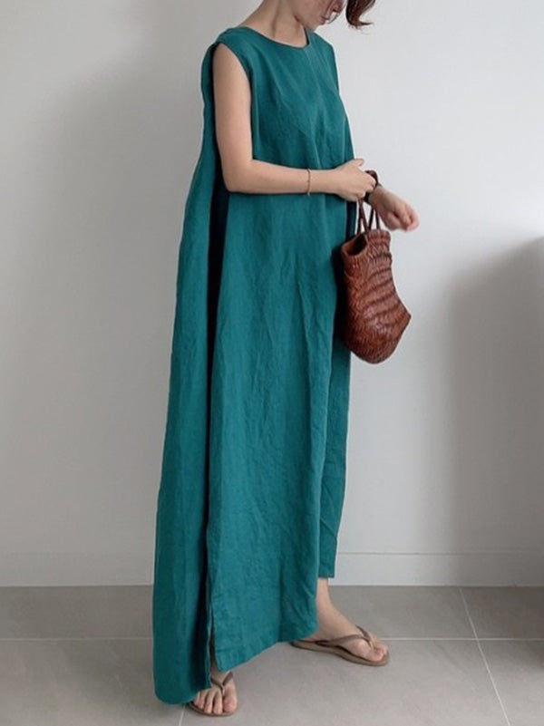 Simple Color Split-side Round-neck Sleeveless Midi Dress