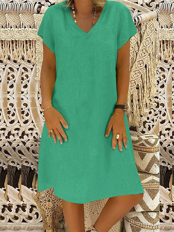 A-line Loose Color V-neck Midi Dresses