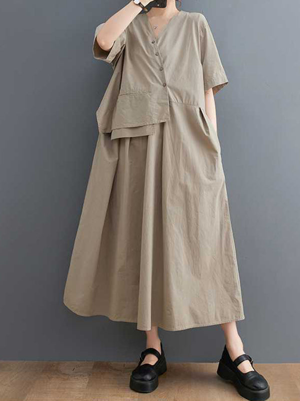 Loose Short Sleeves Pleated Color Split-joint V-neck Midi Dresses