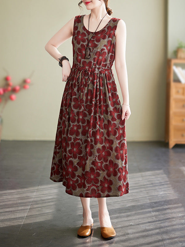 Loose Oversize Drawstring Printed Round-neck Midi Dresses
