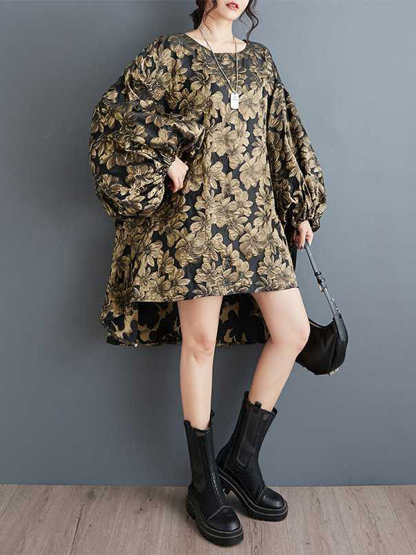 A-line High-low Elasticity Flower Print Jacquard Round-neck Midi Dresses