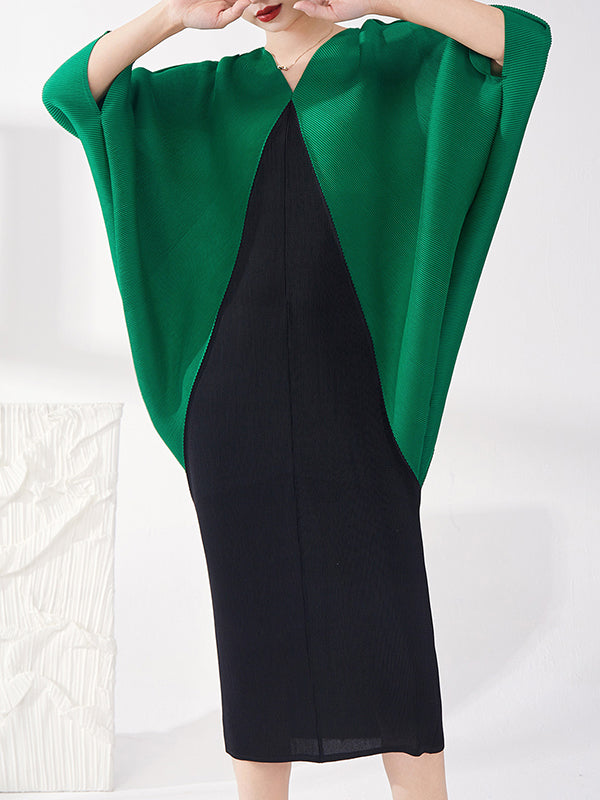 Batwing Sleeves Loose Contrast Color Pleated Round-neck Midi Dresses