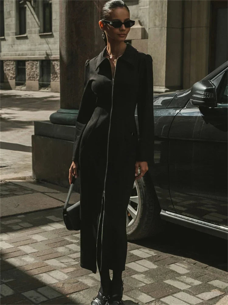 Black Zipper Lapel Maxi Dress for Cardigan Patchwork Slim High Waist Dress