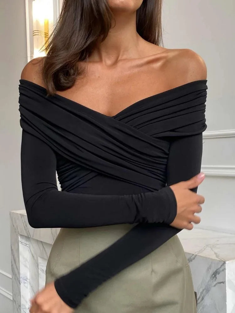 White See-through Patchwork Jumpsuit for Pleated Slim High Waist Long Sleeve Off-shoulder Rompers