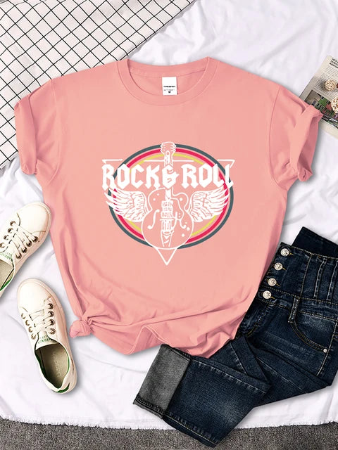 Rock Roll Electric Guitar Printed T-shirt Comfortable Tops Breathable Cool Short Sleeve O-neck Street Tee Clothing