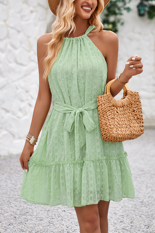 Simple Color Jacquard Patchwork Lace Up Drawstring Mini Dress