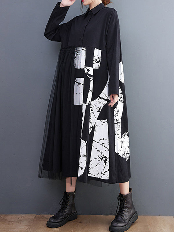 Long Sleeves Loose Contrast Color Split-joint Lapel Collar Midi Dresses