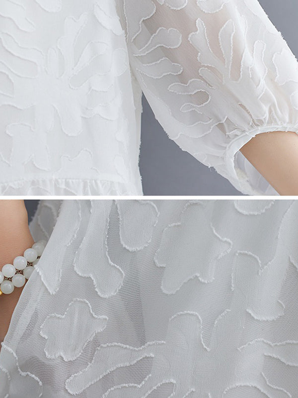 A-line Loose Lacy See-through Color Split-side Round-neck Midi Dresses