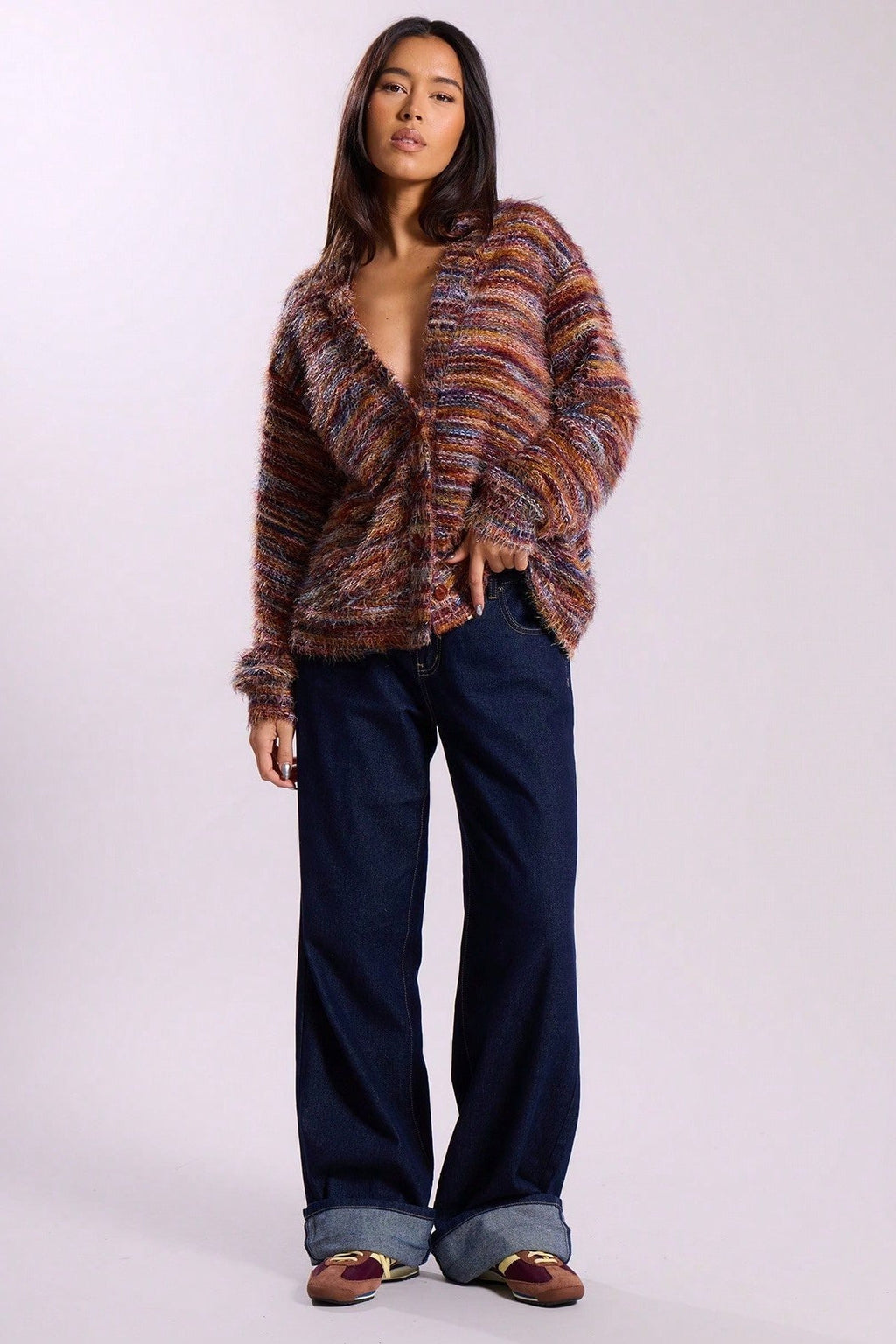 New Retro Deep V-neck Maillard Plush Long-sleeve Knit Cardigan