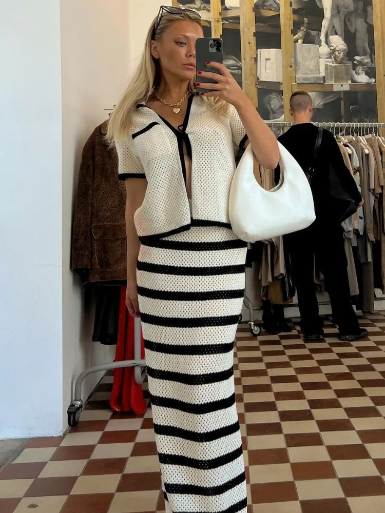 Contrast Knit 2 Piece-set Lace-up Short Sleeve Cardigan Top and Long Skirt Sets High Waist Knitwear Outfits