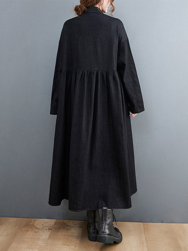Original Loose Denim Split-joint Tied Lapel Collar Long Sleeves Midi Dress