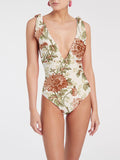 Bowknot Tie-shoulder Print One Piece Swimsuit and Skirt