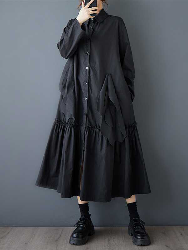 A-line Long Sleeves Buttoned Pleated Pockets Color Split-joint Lapel Midi Dresses