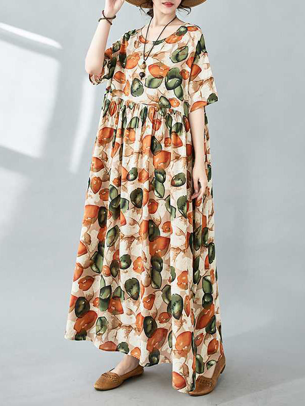 Half Sleeves Loose Pleated Printed Split-joint Round-neck Midi Dresses