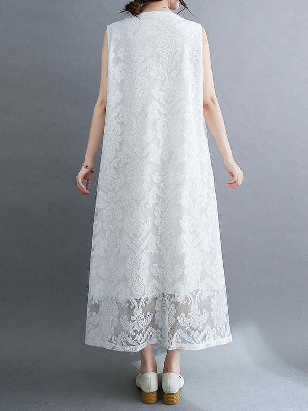 A-line Loose Lacy See-through Color Split-side Round-neck Midi Dresses