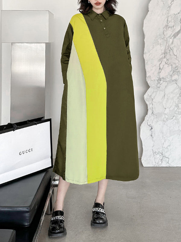 Long Sleeves Loose Asymmetric Buttoned Contrast Color Split-joint Lapel Midi Dresses Shirt Dress
