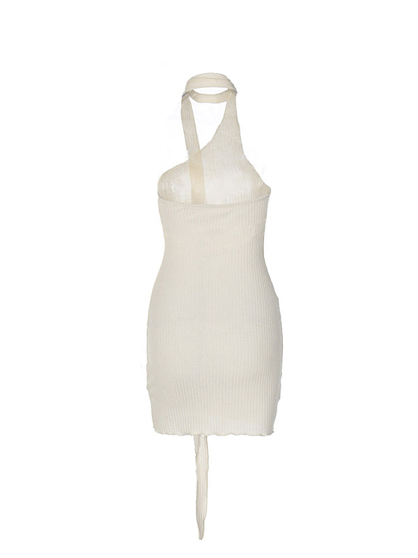 Backless Ribbon Slim Mini Dress With Slanted Shoulder