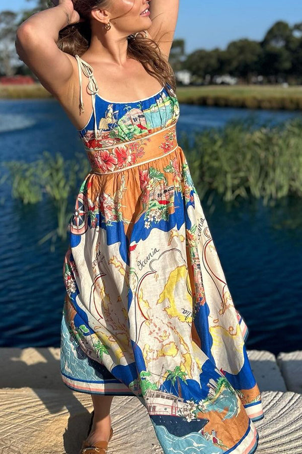 Unique Printed Lace-up Suspender Pockets Resort Style Midi Dress