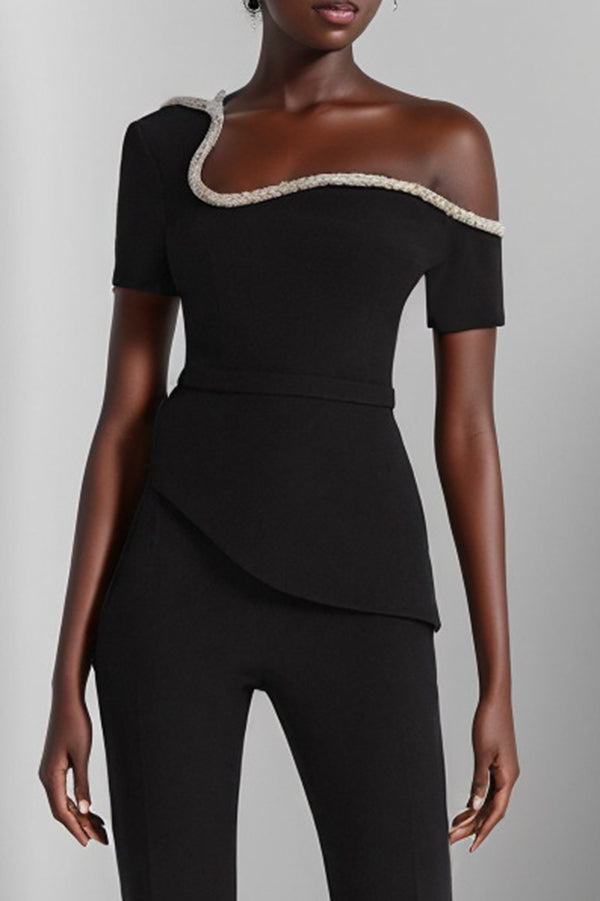 Color Irregular One-shoulder Waist Slim Wide-leg Jumpsuit