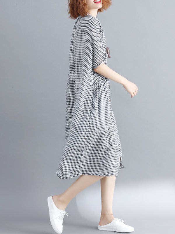 Artistic Retro Loose Split-joint Plaid Buttoned Stand Collar Half Sleeves Midi Dress