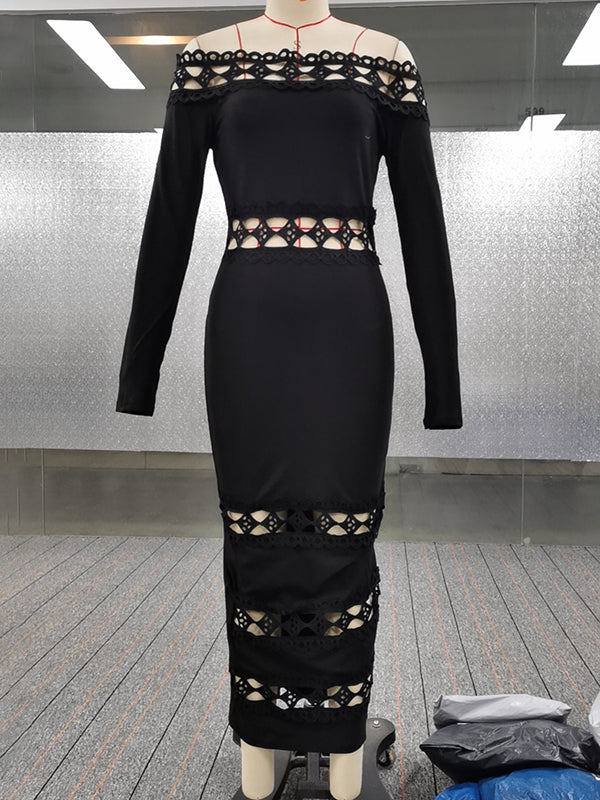 Bodycon Long Sleeves Hollow Color Split-joint Off-the-shoulder Midi Dresses