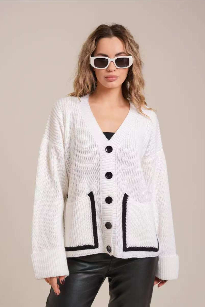 Colorblock Pocket V-neck Knit Cardigan