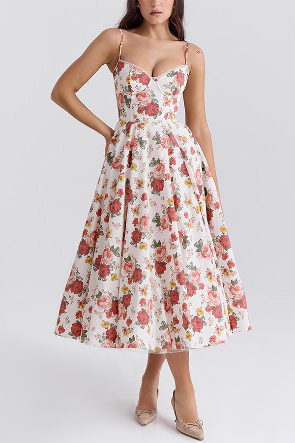 Fairy Tale Italian Rose Print Tulle Pocketed Slip Midi Dress