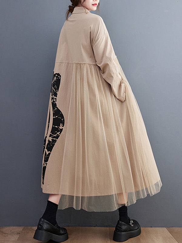 Long Sleeves Loose Contrast Color Split-joint Lapel Collar Midi Dresses