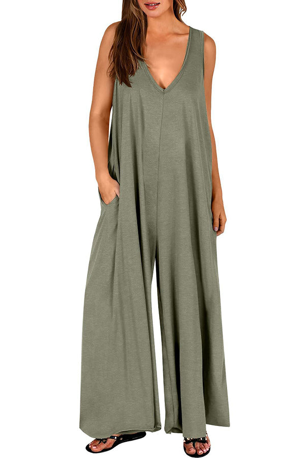 Color V-neck Sleeveless Loose Pocket Wide-leg Jumpsuit