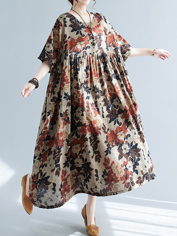 Loose Puff Sleeves Printed Round-neck Midi Dresses