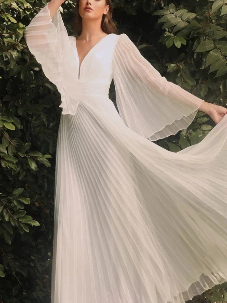 New Deep V-neck Bell Sleeves Backless Evening Dress Slim Long-sleeved Dress Long Dresses for