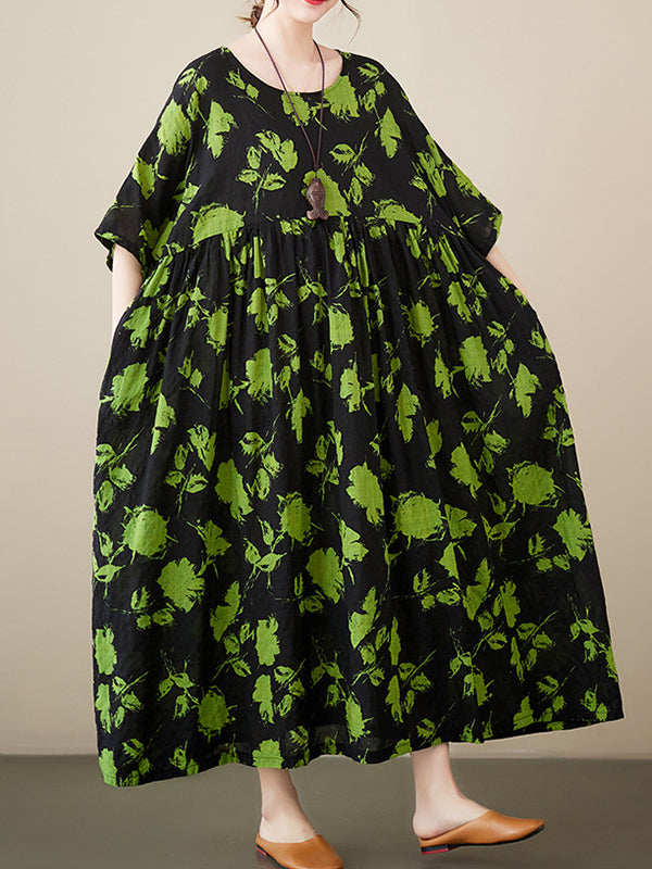 Loose Pleated Round-neck Midi Dresses