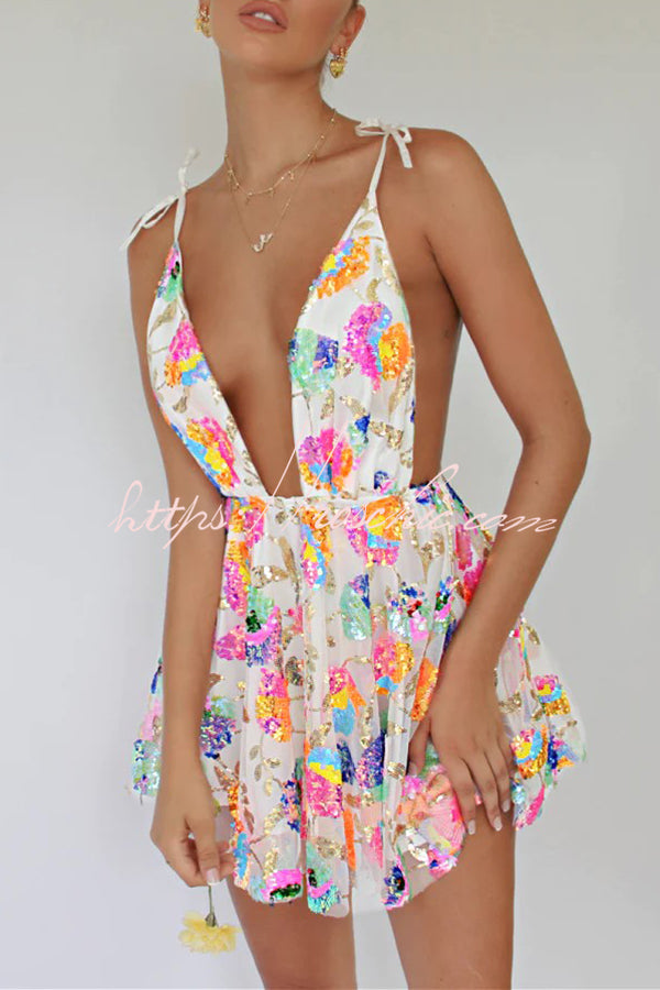 V Neck Open Back Sequined Tie a Line Mini Dress